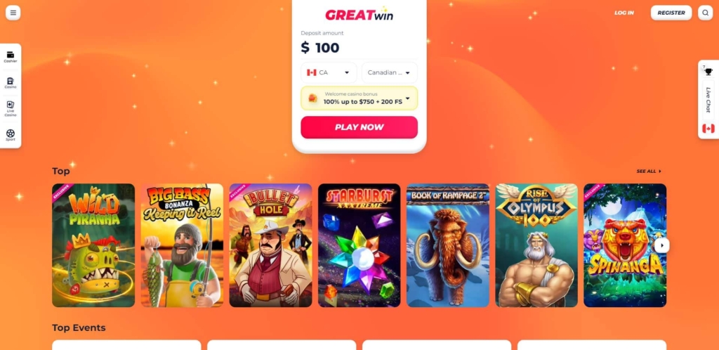 GreatWin casino homepage