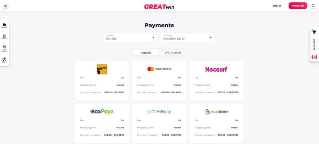 greatwin casino payment methods